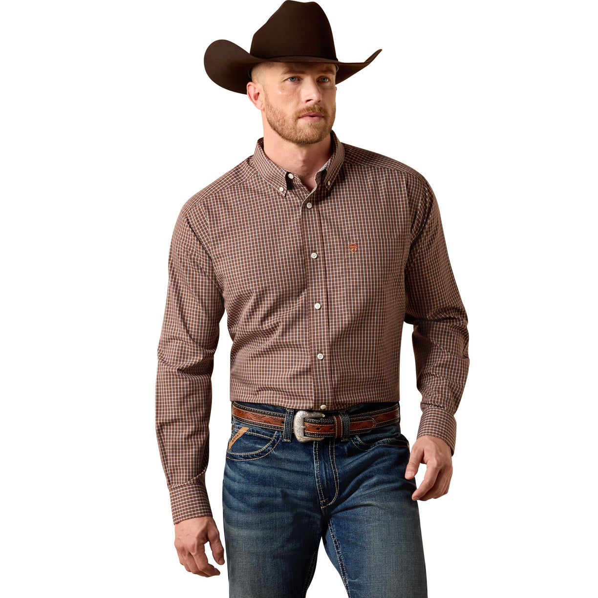 Man wearing a brown checkered shirt, blue jeans, and a brown cowboy hat on a white background