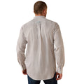 A man viewed from the back wearing a light beige and white patterned button-down shirt with dark blue jeans, set against a plain white background.