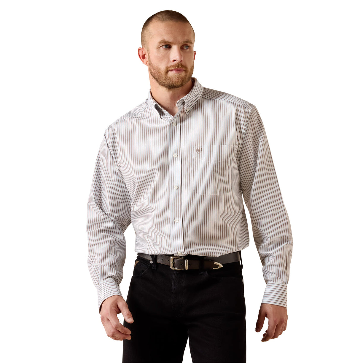 Ariat Wrinkle Free Cory Classic Fit Shirt in a fine tan and grey stripe, long-sleeve and tucked.