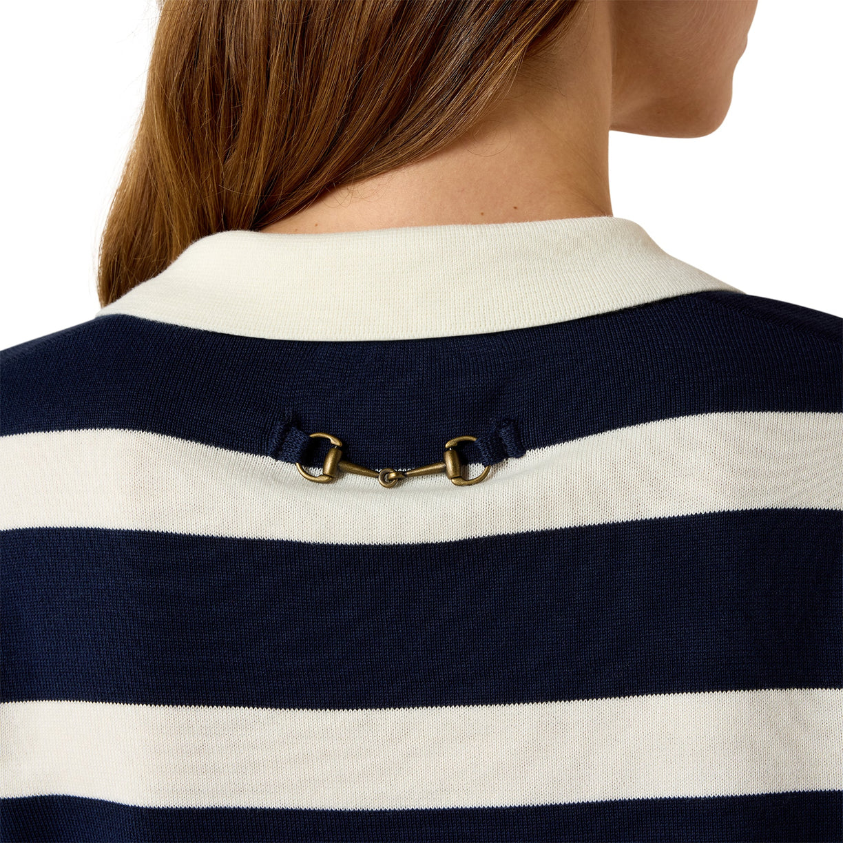 Navy and white striped shirt with a gold buckle detail on a white background