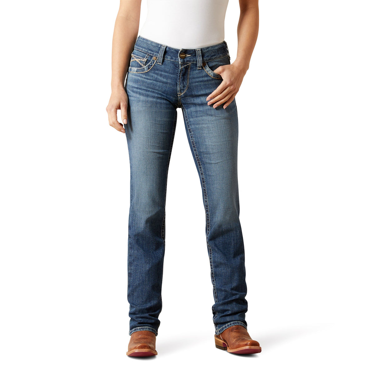 Person wearing blue jeans and a white top on a white background