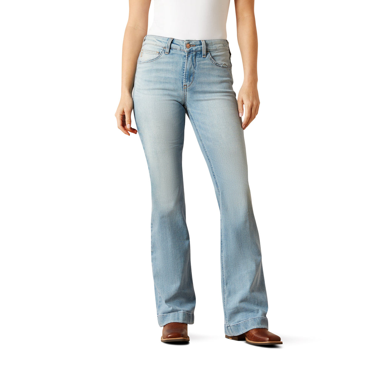 Light blue jeans worn by a person on a white background