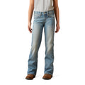 Light blue jeans worn by a person on a white background