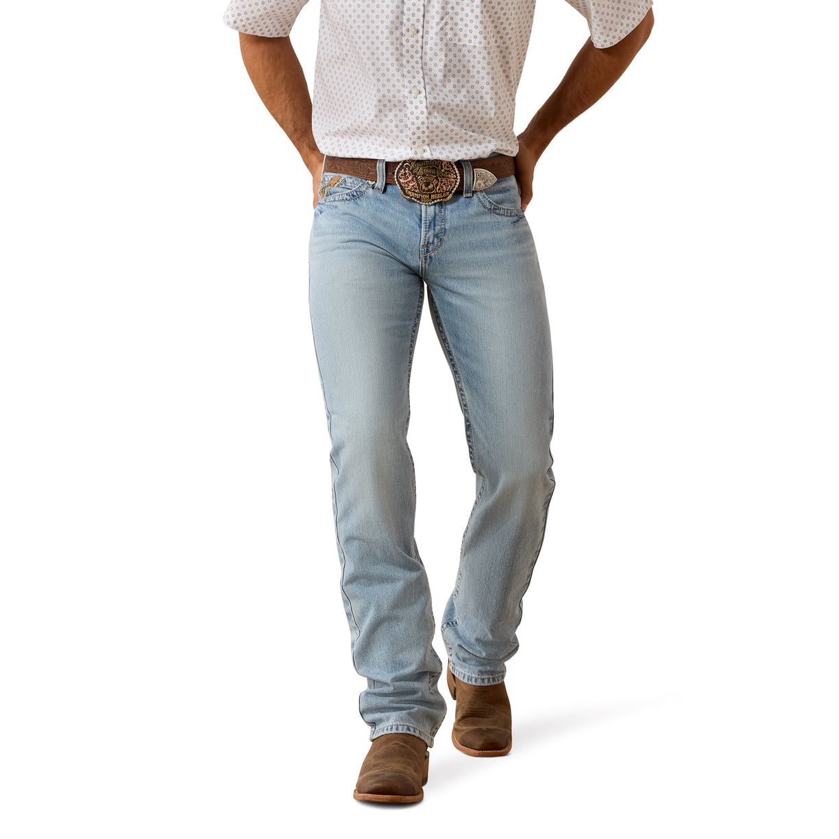 Light blue jeans worn by a person on a white background