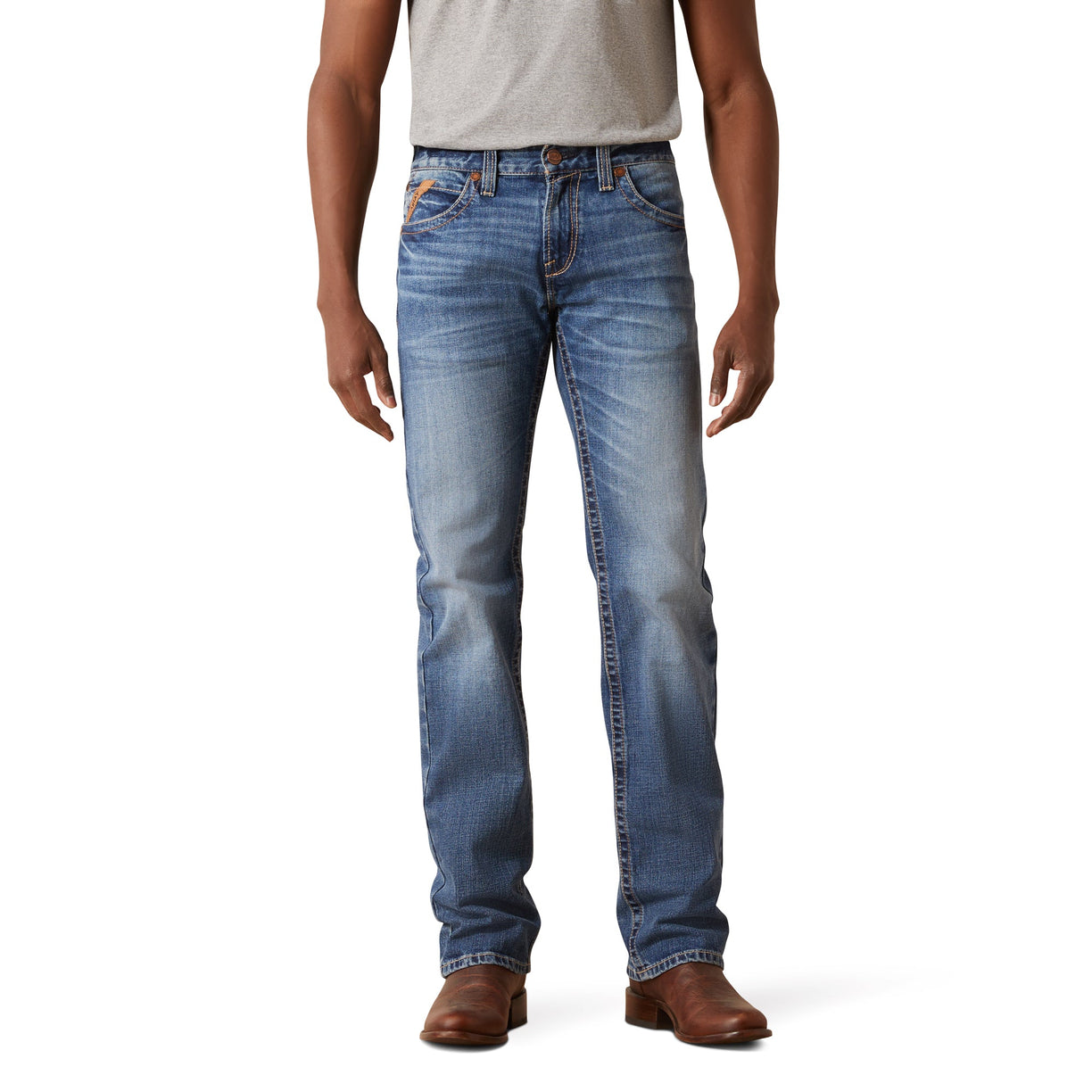 Person wearing blue jeans on a white background