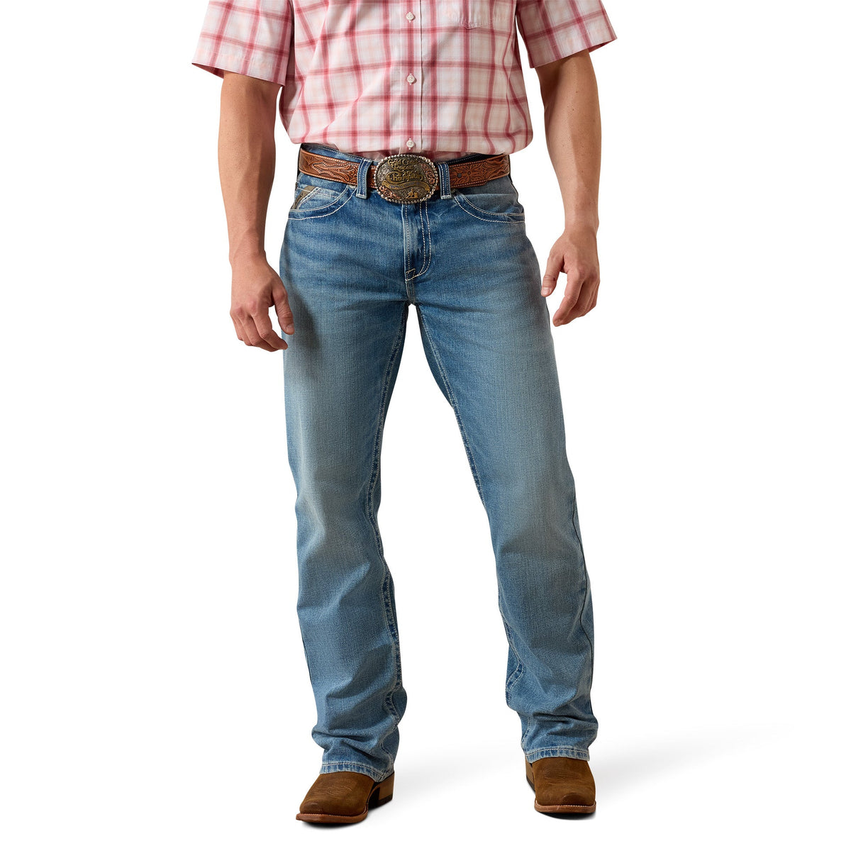 Person wearing blue jeans and a red plaid shirt on a white background