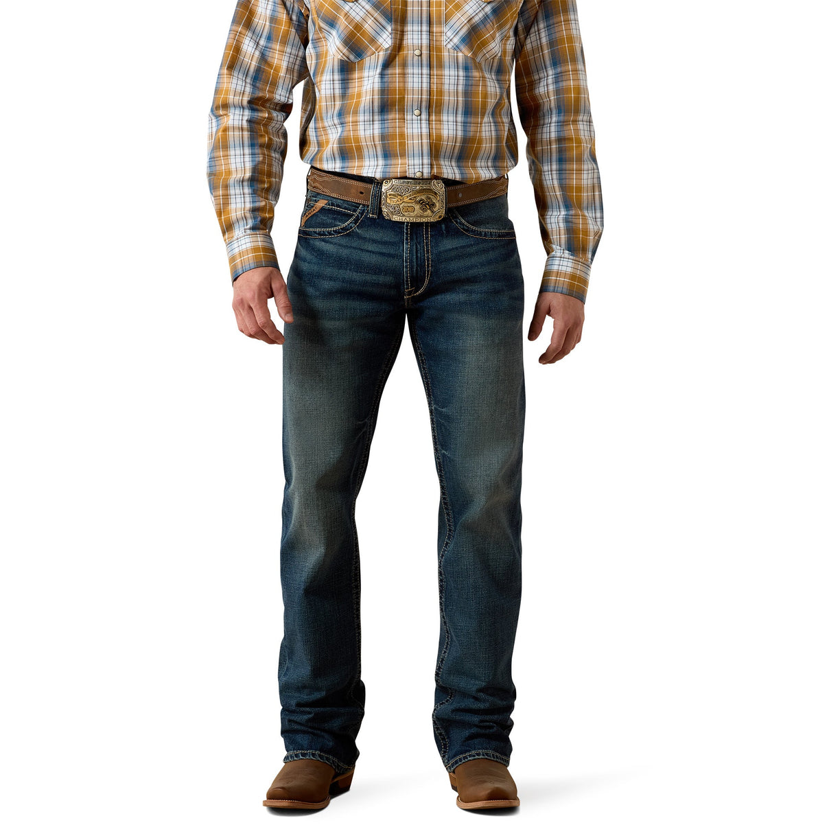 Person wearing a plaid shirt, jeans, and brown boots on a white background