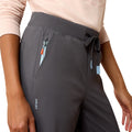 Gray pants with a brand logo on a white background