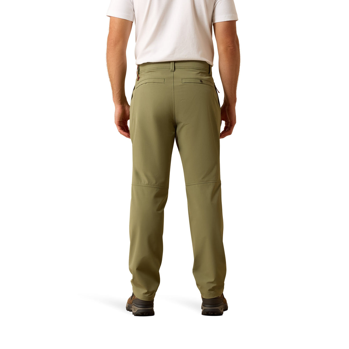 Person wearing olive green pants on a white background