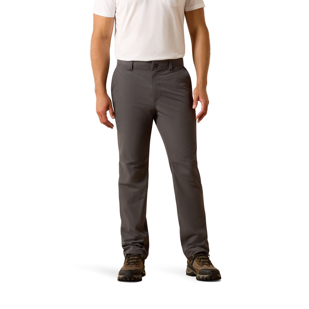 Person wearing gray pants on a white background