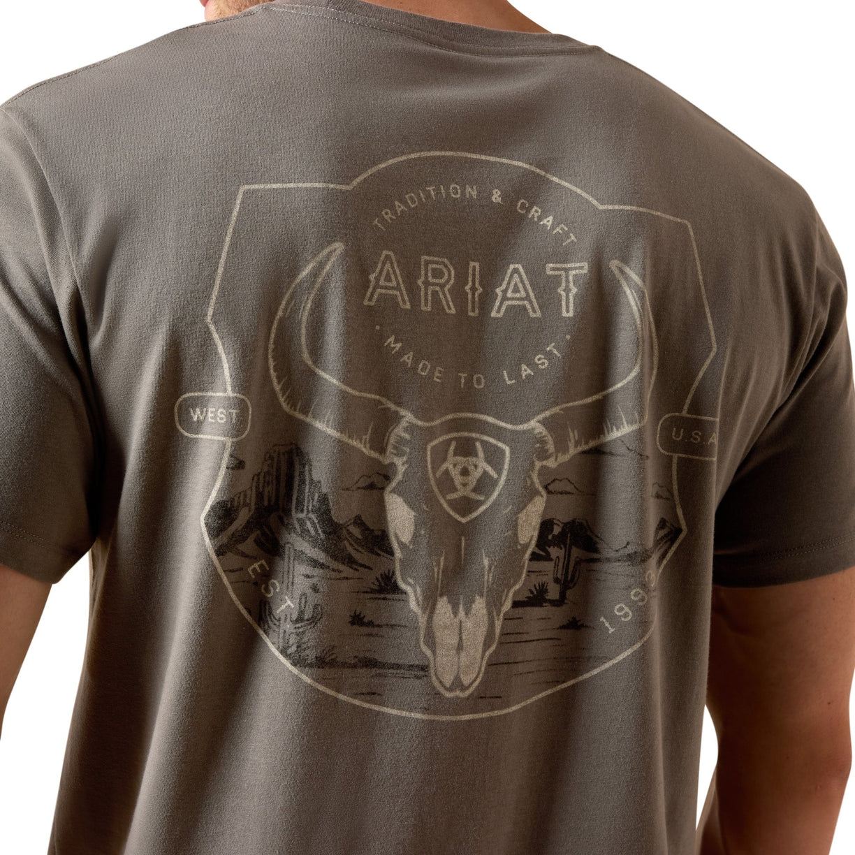 Grey t-shirt with Ariat logo and bull skull design