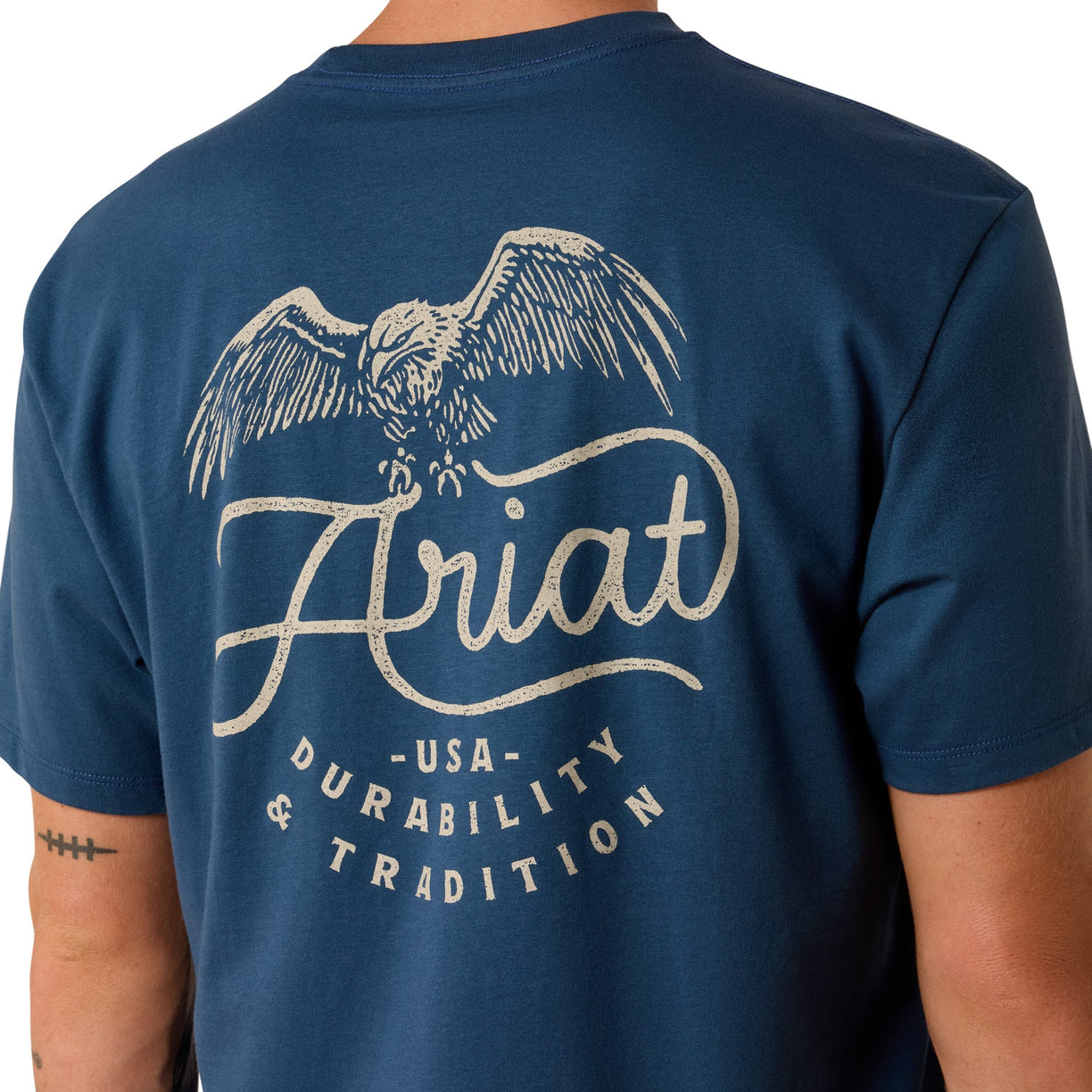 Navy blue t-shirt with Ariat logo and eagle design on the back