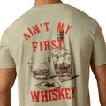 Ariat graphic t-shirt worn by man, close up back