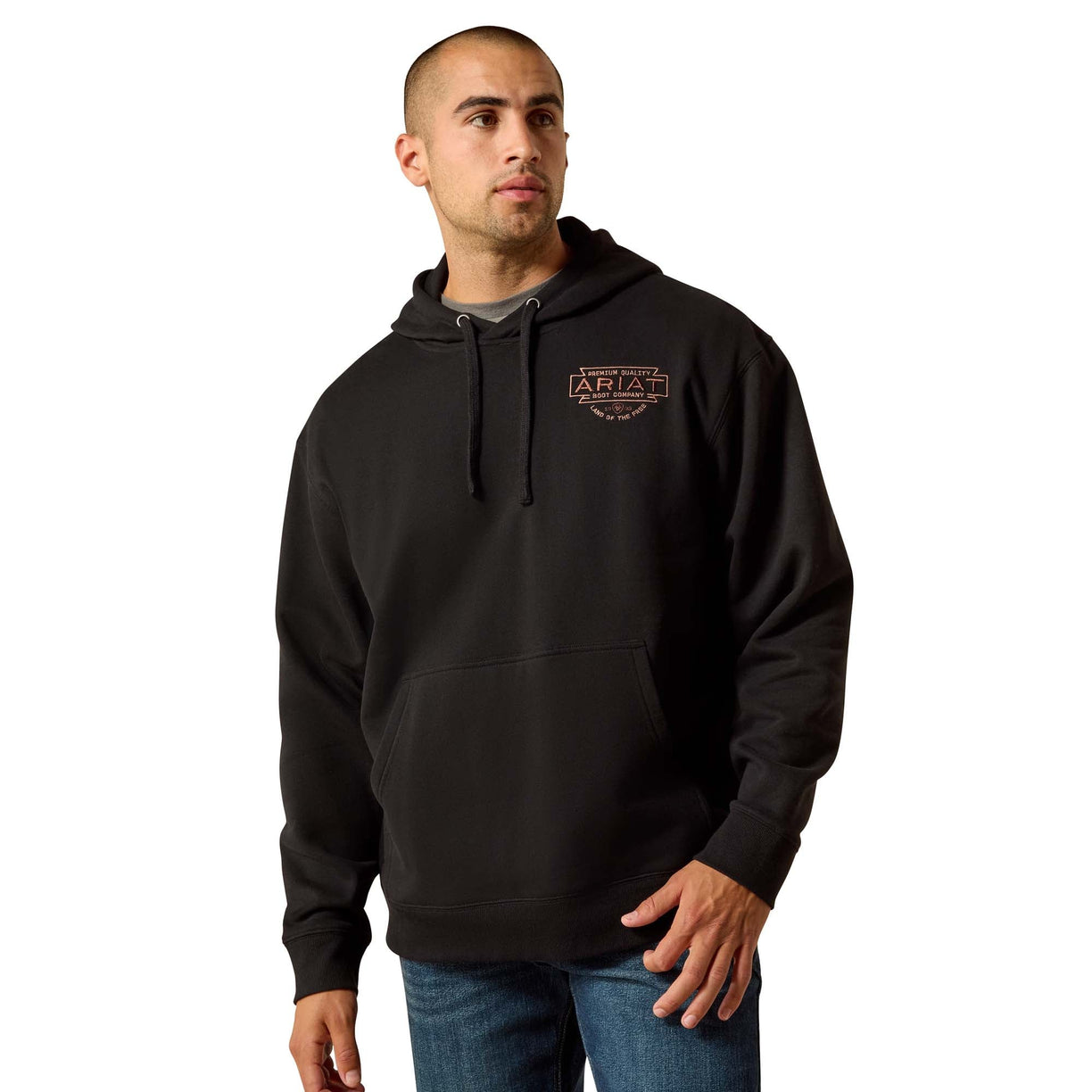Man wearing a black hoodie with a logo on a white background