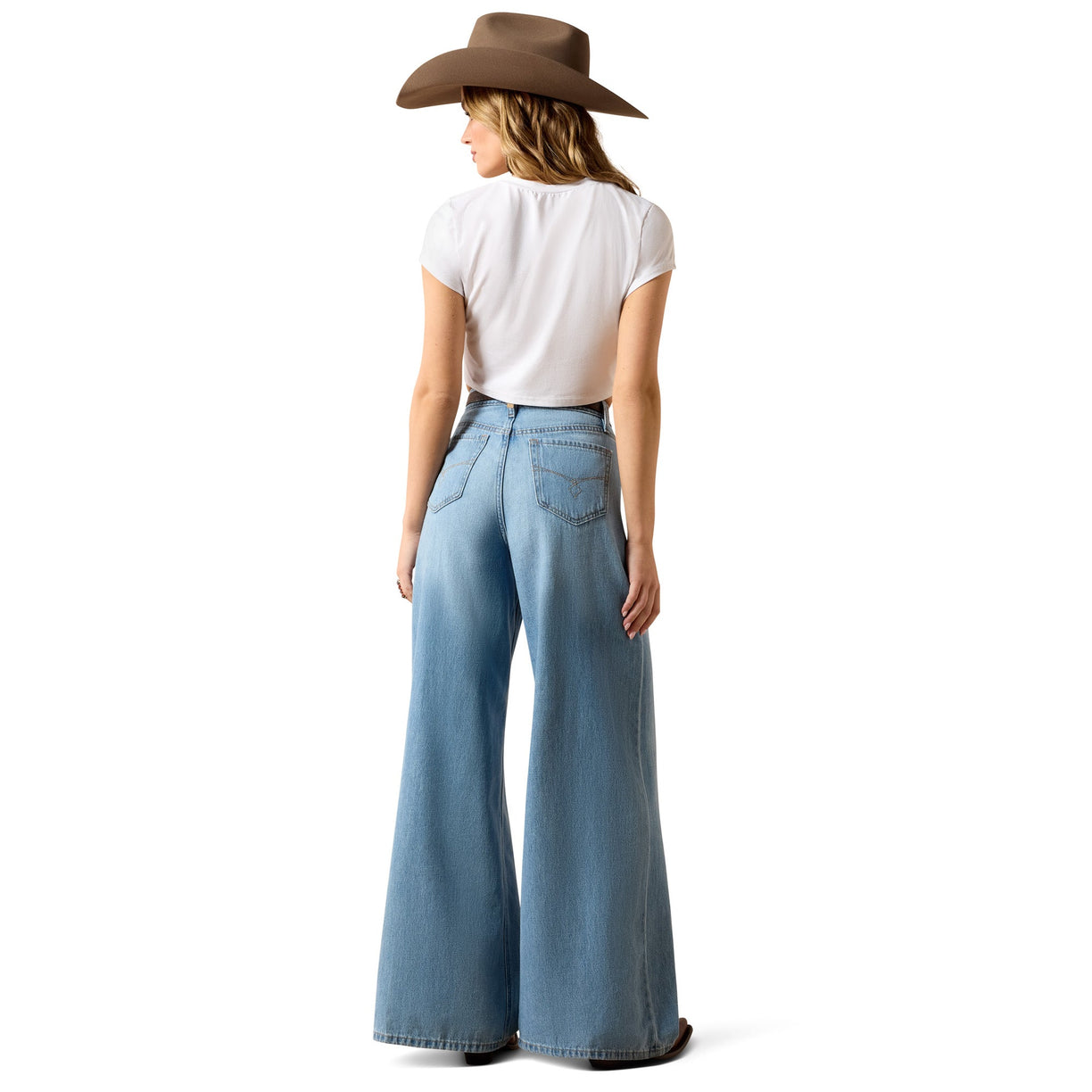 Person wearing a white t-shirt, brown cowboy hat, and light blue jeans on a white background