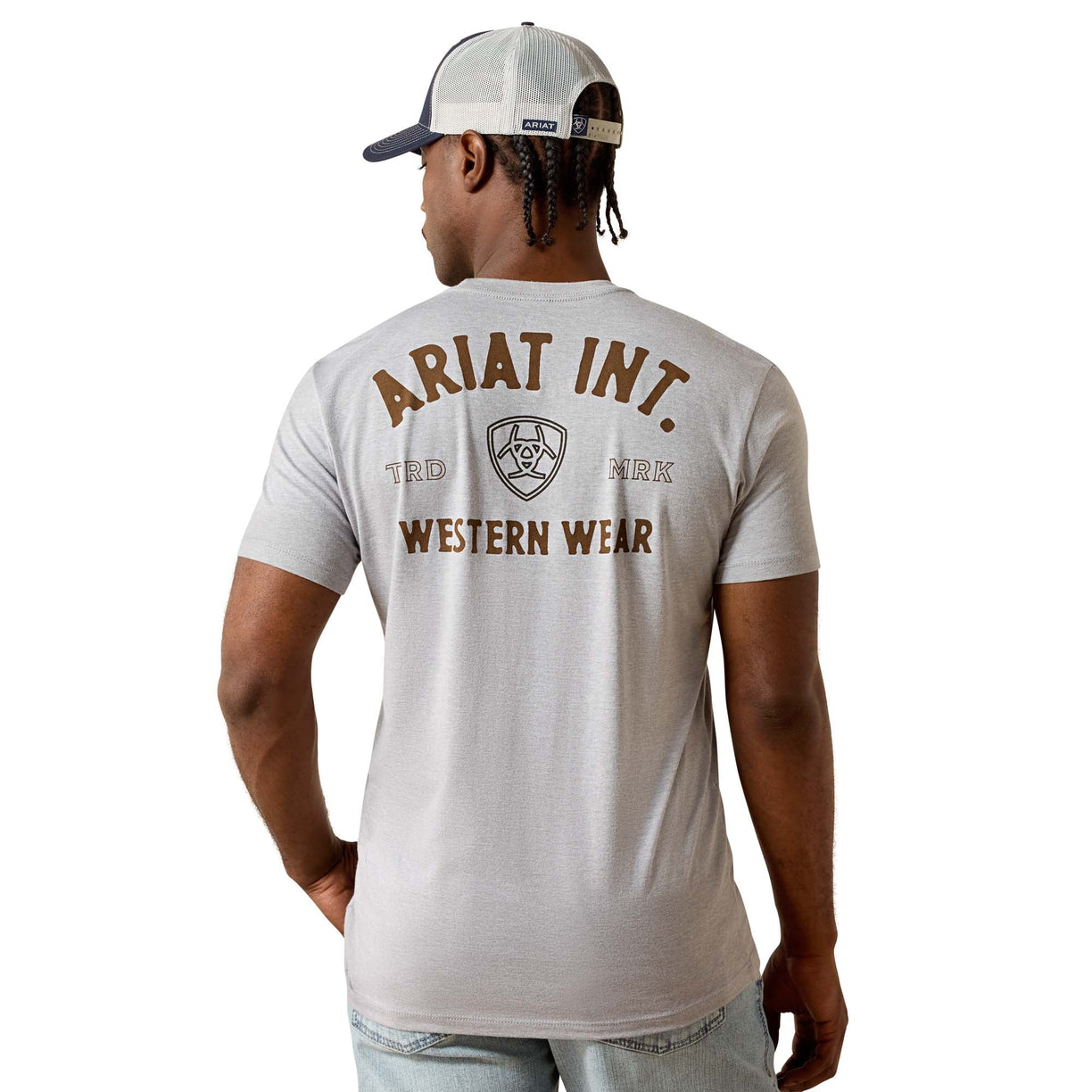 Man wearing a gray t-shirt with 'Ariat Int. Western Wear' text on the back, standing against a white background.
