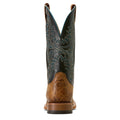 Brown cowboy boot with intricate black and blue stitching on a white background