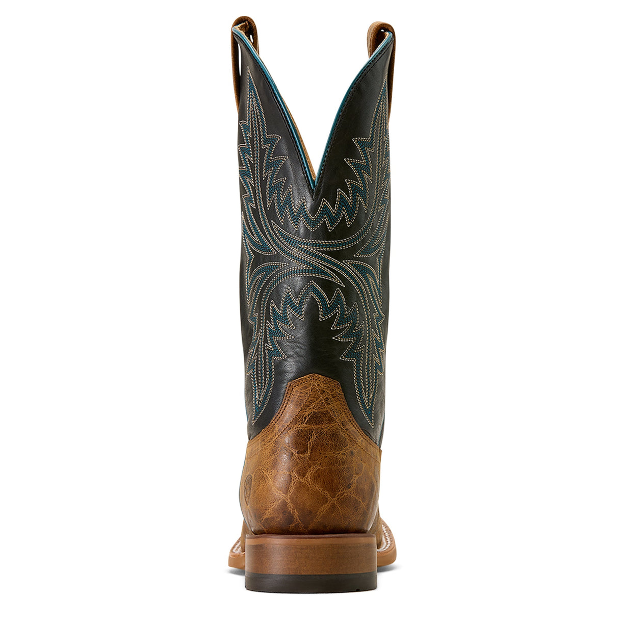 Brown cowboy boot with intricate black and blue stitching on a white background
