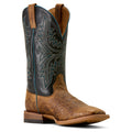 Brown cowboy boot with intricate black and white stitching on a white background