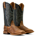 Pair of brown and black cowboy boots with intricate designs on a white background