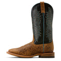 Brown cowboy boot with black leather uppers on a white background