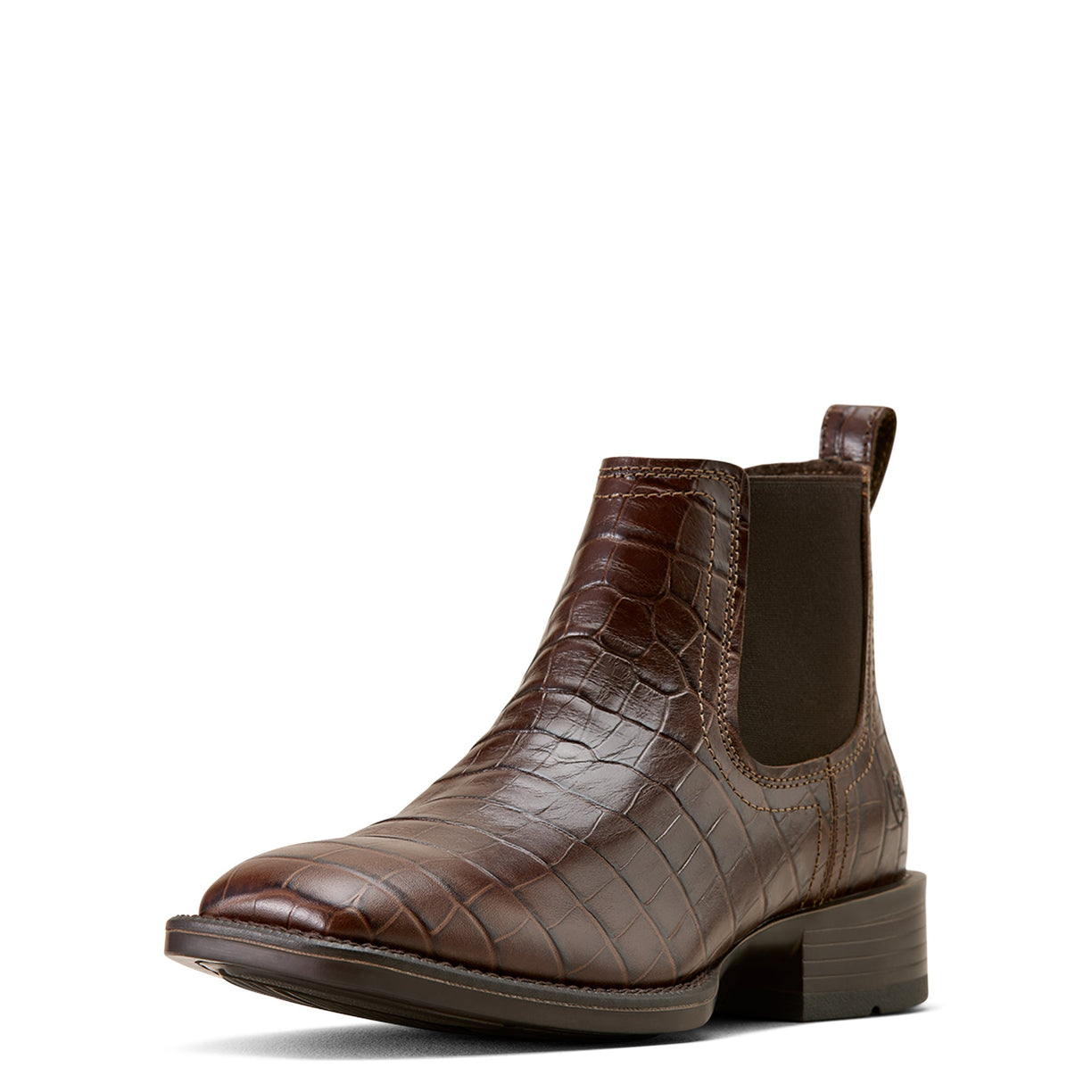 Brown leather boot with crocodile texture on a white background