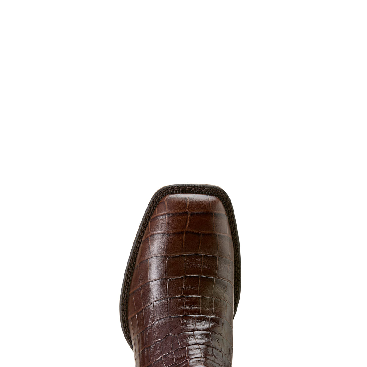 Brown crocodile-patterned leather boot on a white background