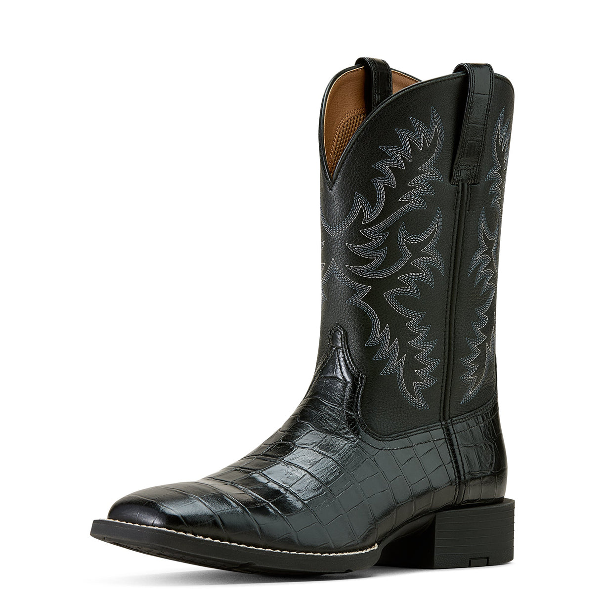 Black cowboy boot with intricate design on a white background