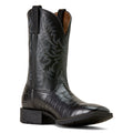 Black cowboy boot with detailed pattern on a white background