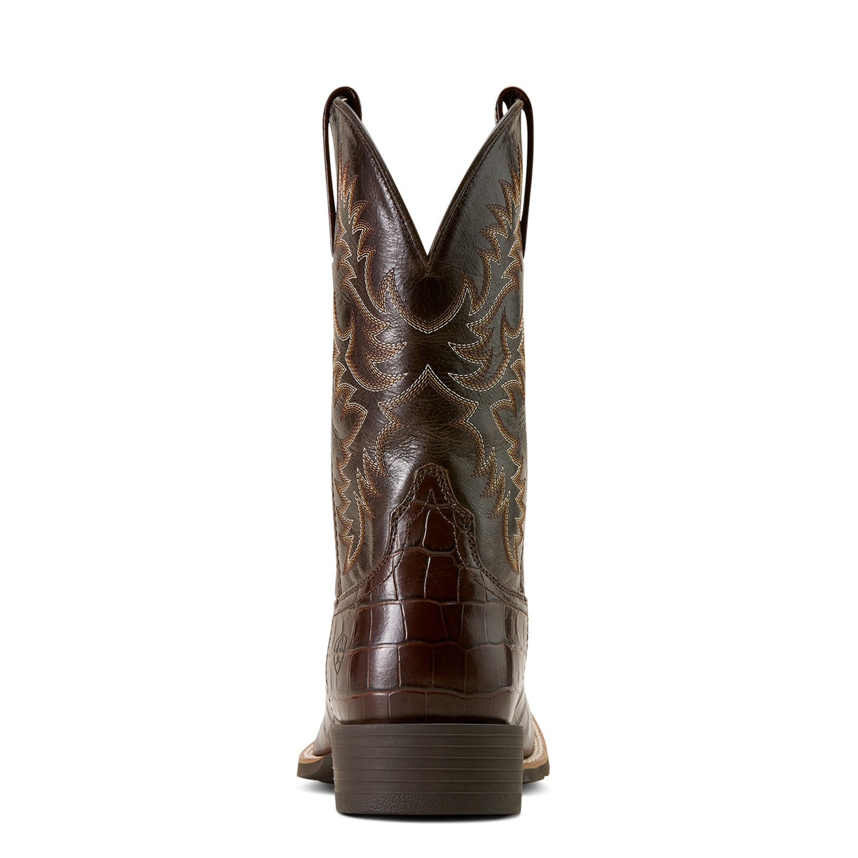 Brown cowboy boot with intricate design on a white background