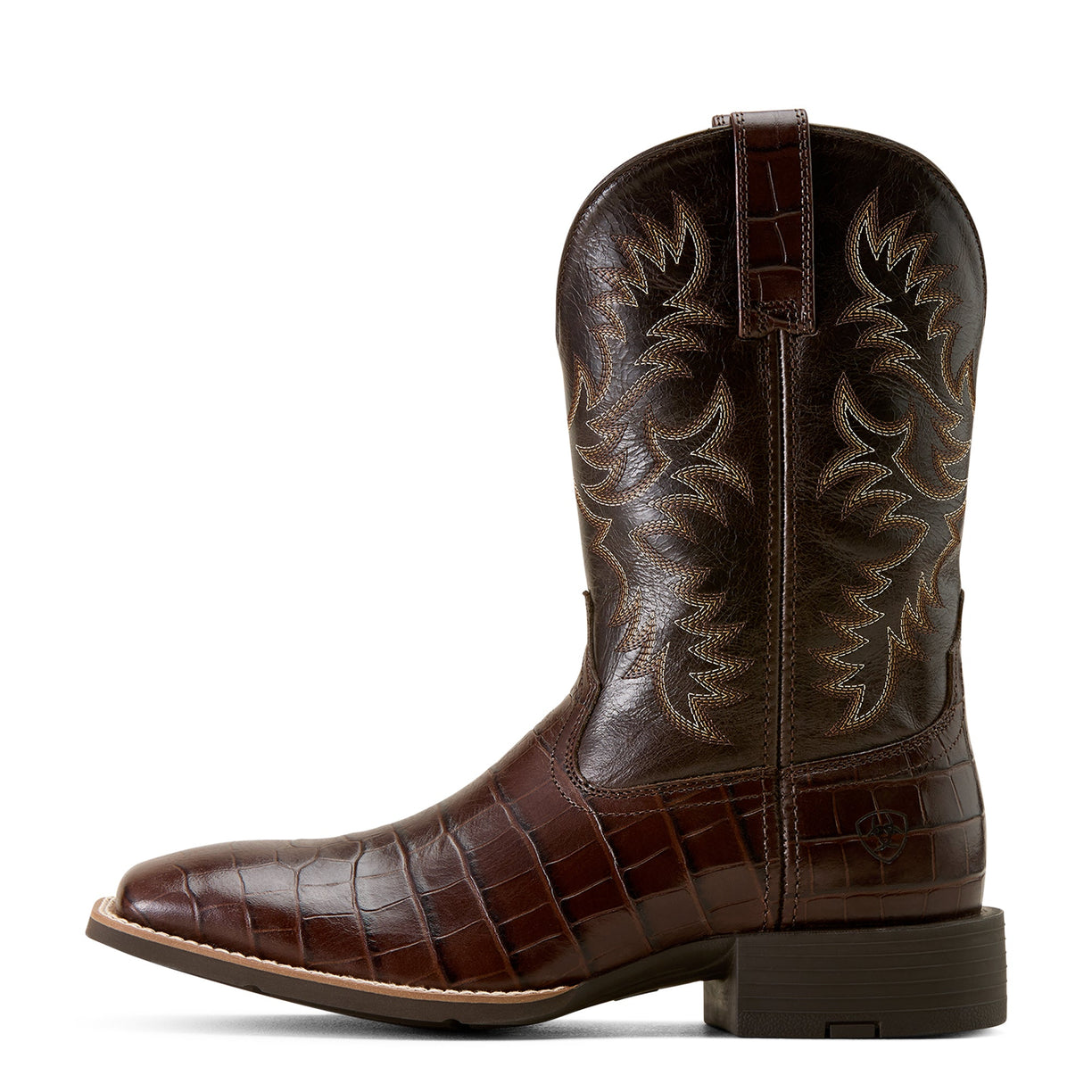 Brown cowboy boot with intricate design on a white background