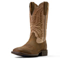 Brown cowboy boot with intricate embroidery on a white background