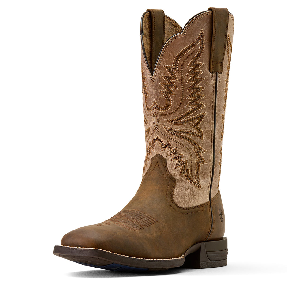 Brown cowboy boot with intricate embroidery on a white background