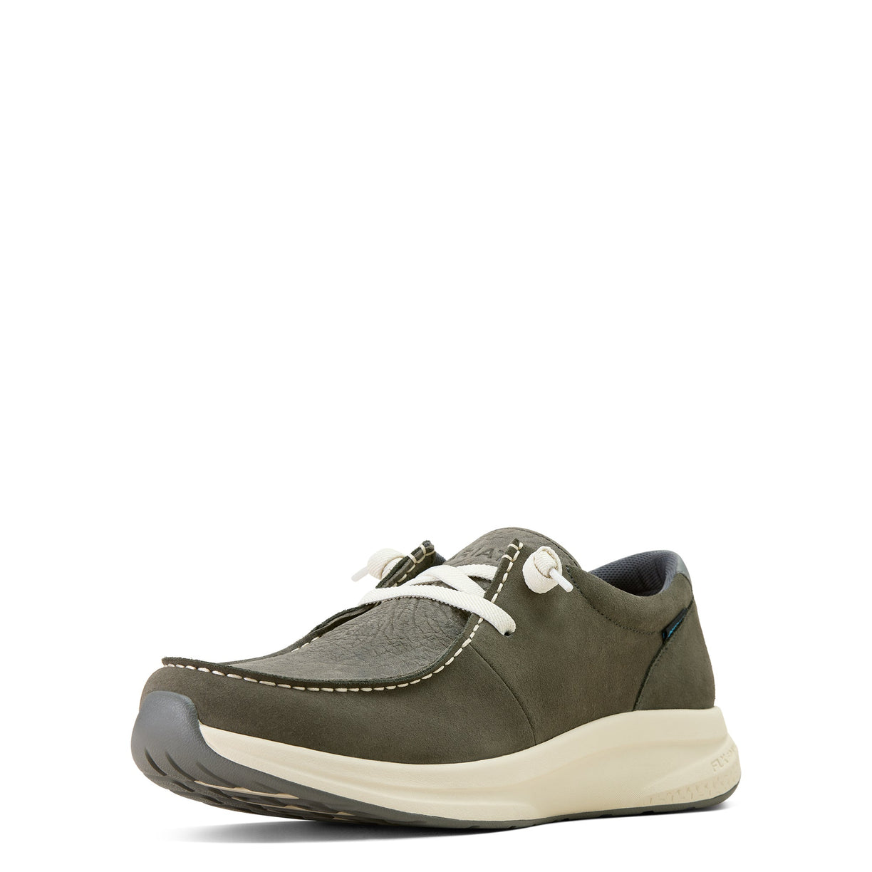 Green casual shoe with white laces on a white background