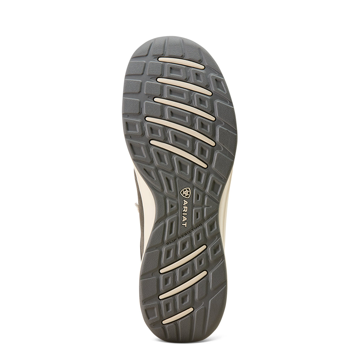Brown and beige shoe sole with Ariat logo on a white background