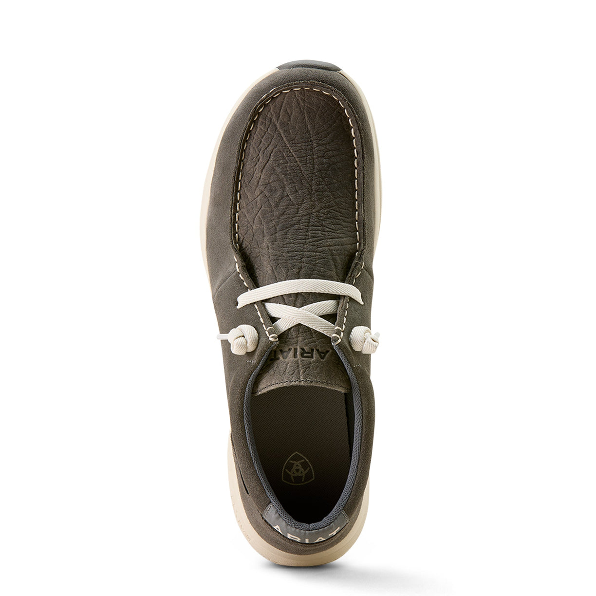 Gey leather shoe with white laces on a white background