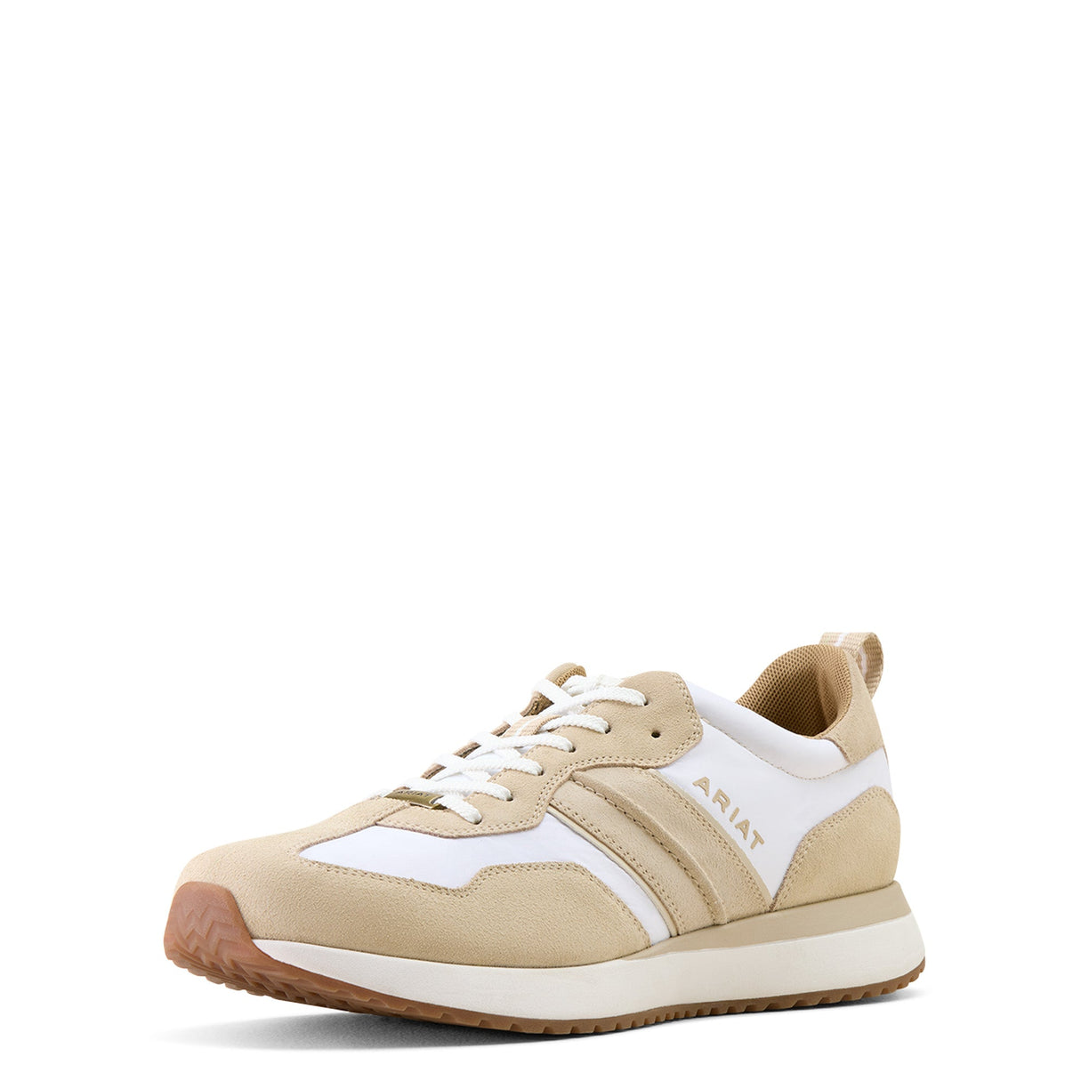 Beige and white sneaker with 'Ariat' branding on a white background