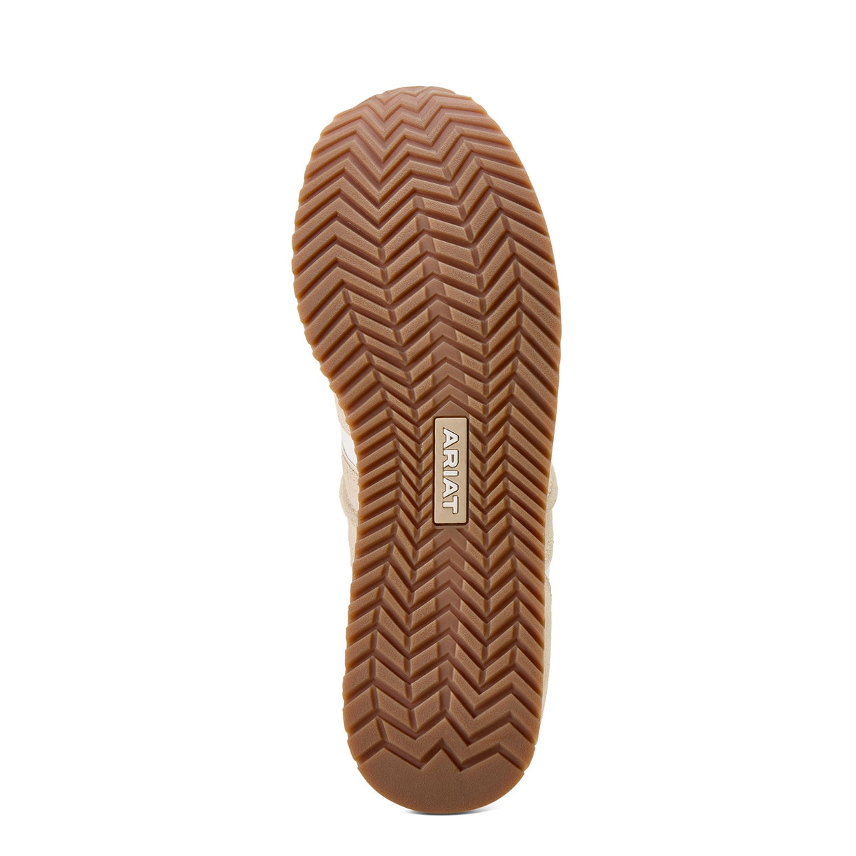 Close-up of a white sneaker sole with brand logo on a white background