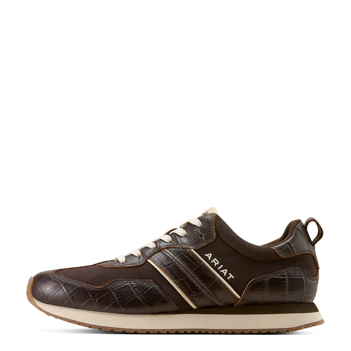 Brown sneaker with white sole on a white background