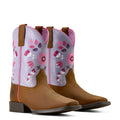 Pair of brown children's cowboy boots with pink hearts on a white background