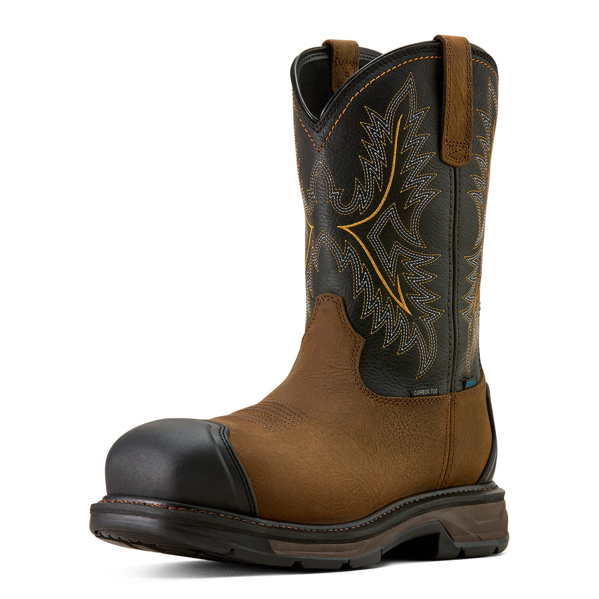 Brown and black cowboy boot with intricate stitching on a white background