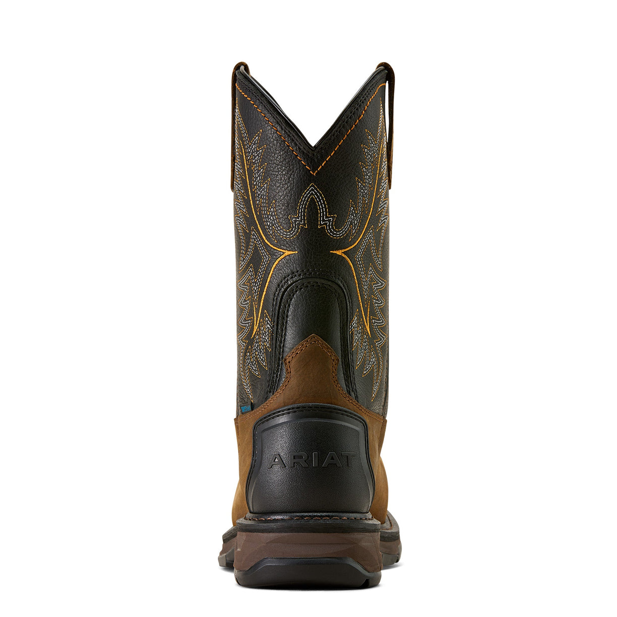 Brown and black Ariat cowboy boot on a white background