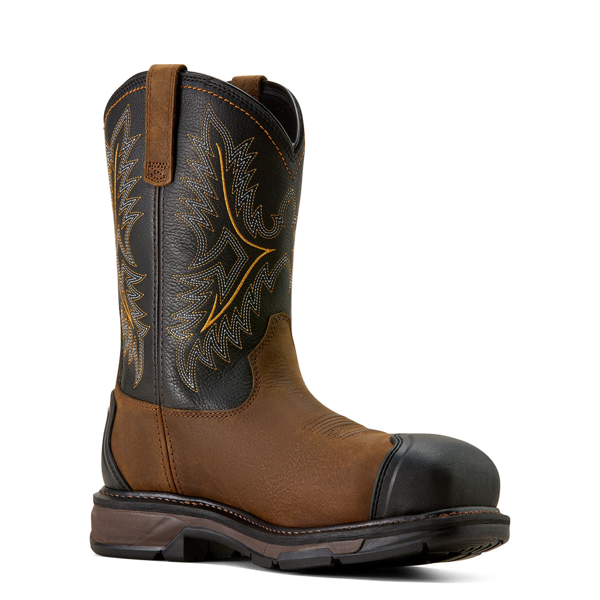 Brown and black cowboy boot with intricate design on a white background