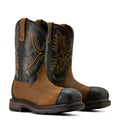 Pair of brown and black cowboy boots with intricate designs on a white background
