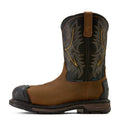 Brown and black cowboy boot with intricate stitching on a white background