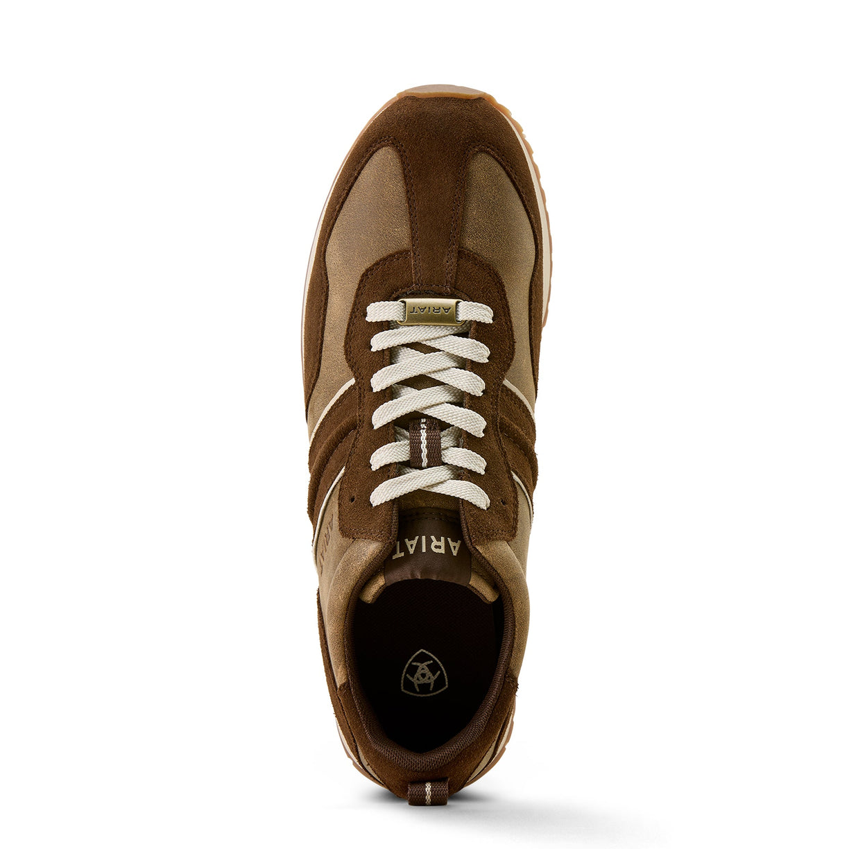 Brown sneaker with white laces on a white background
