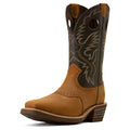 Brown cowboy boot with intricate design on a white background
