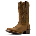 Brown cowboy boot with intricate design on a white background