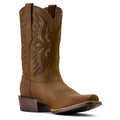 Brown cowboy boot with intricate stitching on a white background