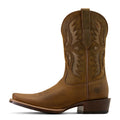 Brown cowboy boot with intricate design on a white background